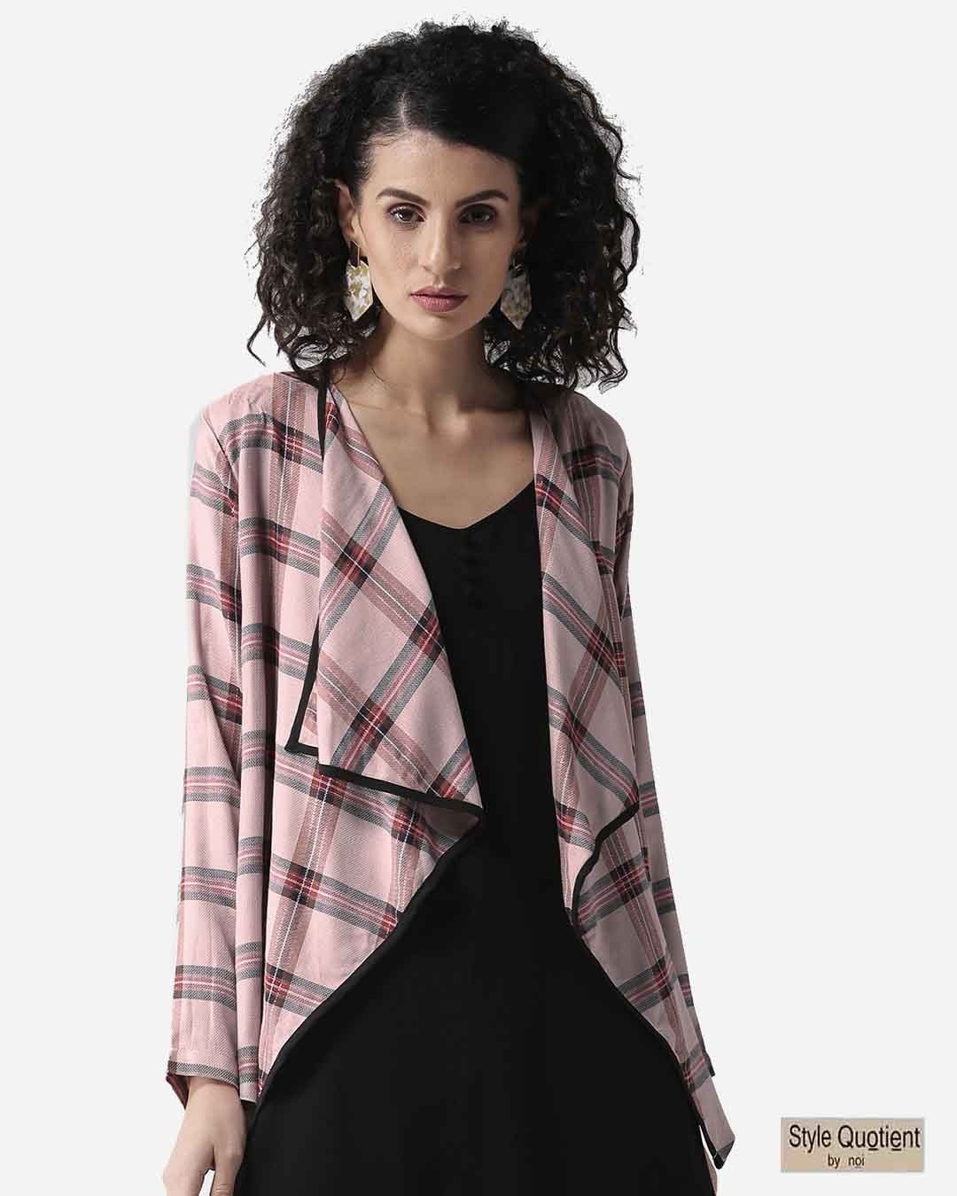 Buy Womens Dusty Pink And Black Checked Waterfall Shrug For Women Pink