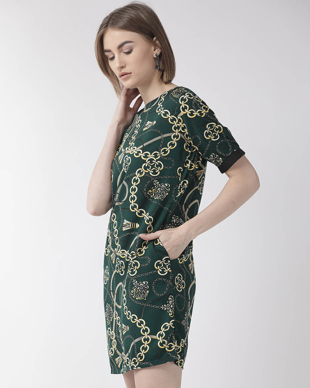 Shop Women's Green & Cream Coloured Printed Sheath Dress-Back