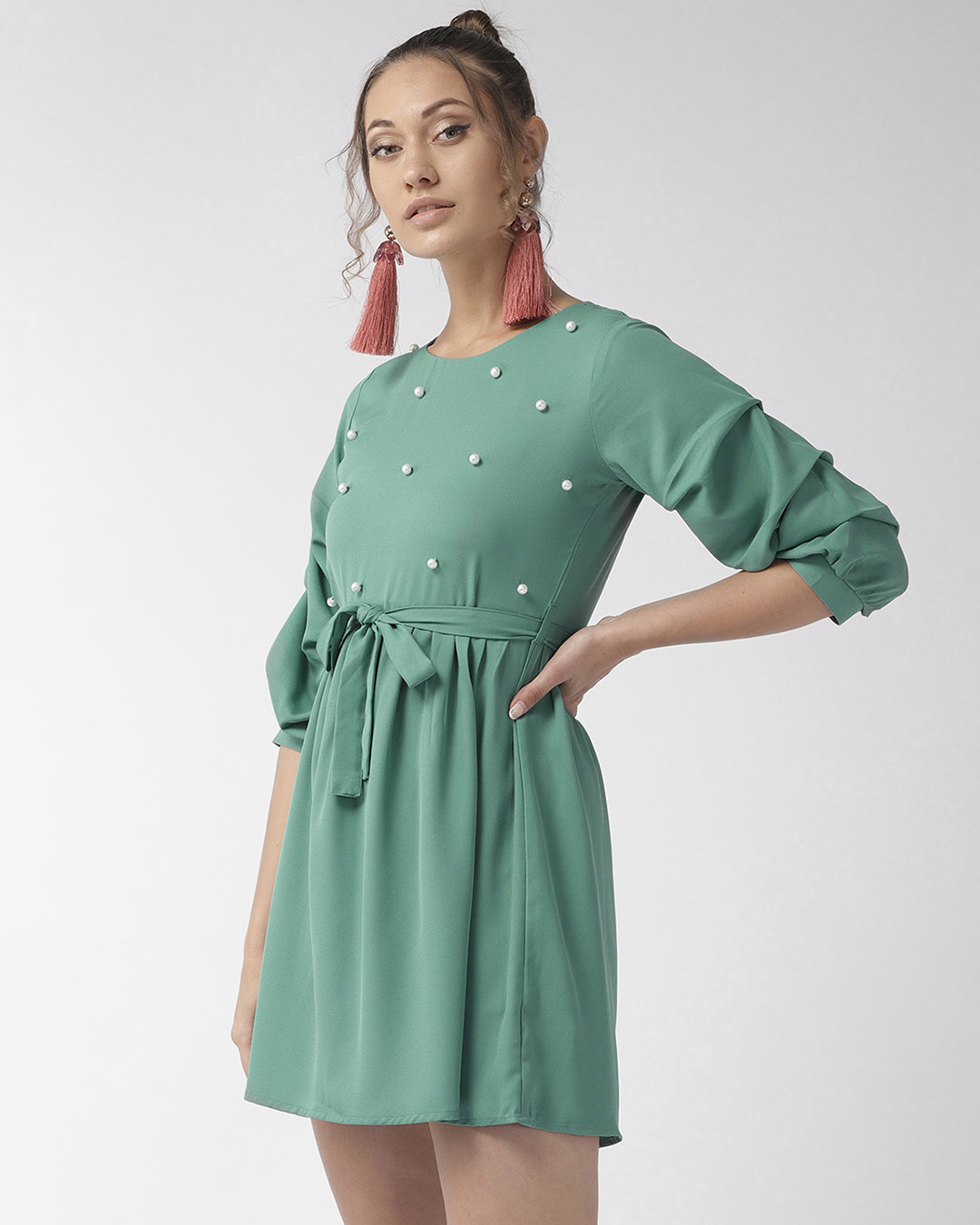 Shop Women Green Solid A Line Dress-Back