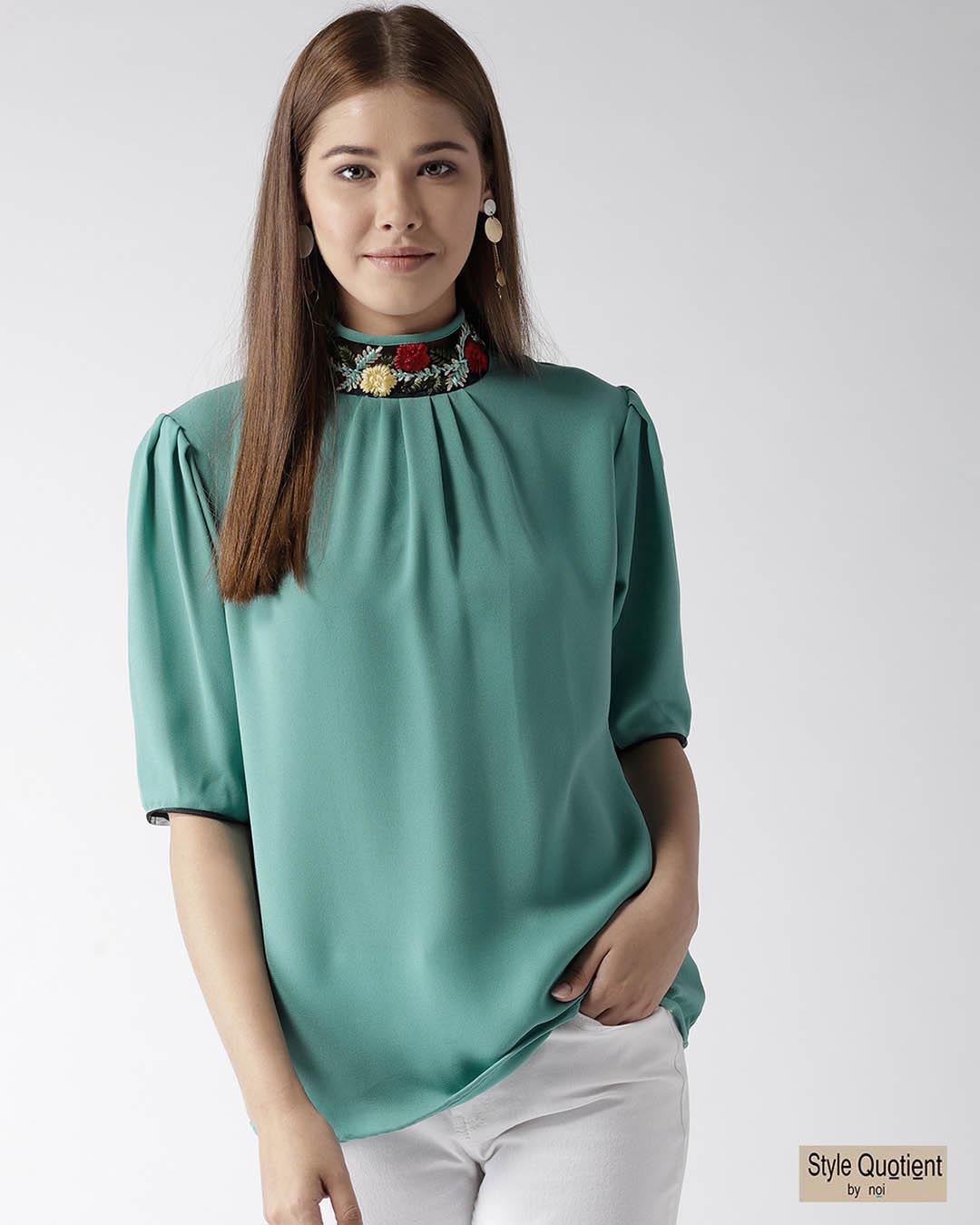 

Style Quotient Women Green Solid Top Style Quotient Women Solid Choker Neck and Puff Sleeves Round Neck Top Bewakoof.com
