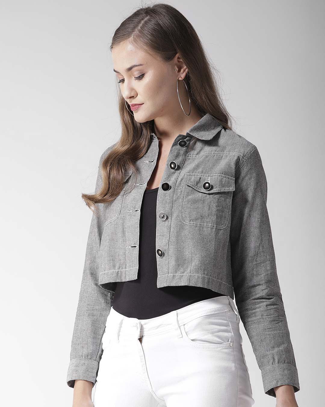 Shop Women's Grey Chambray Regular Fit Solid Casual Crop Jacket-Back