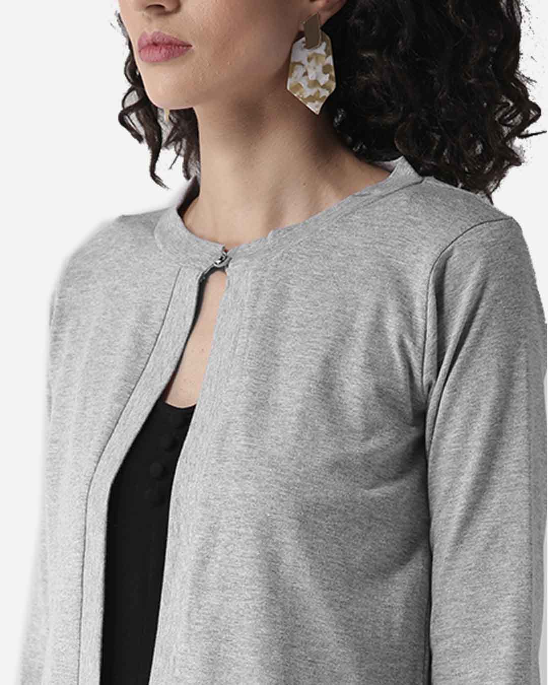 Shop Women Grey Melange Solid Crop Button Shrug-Back