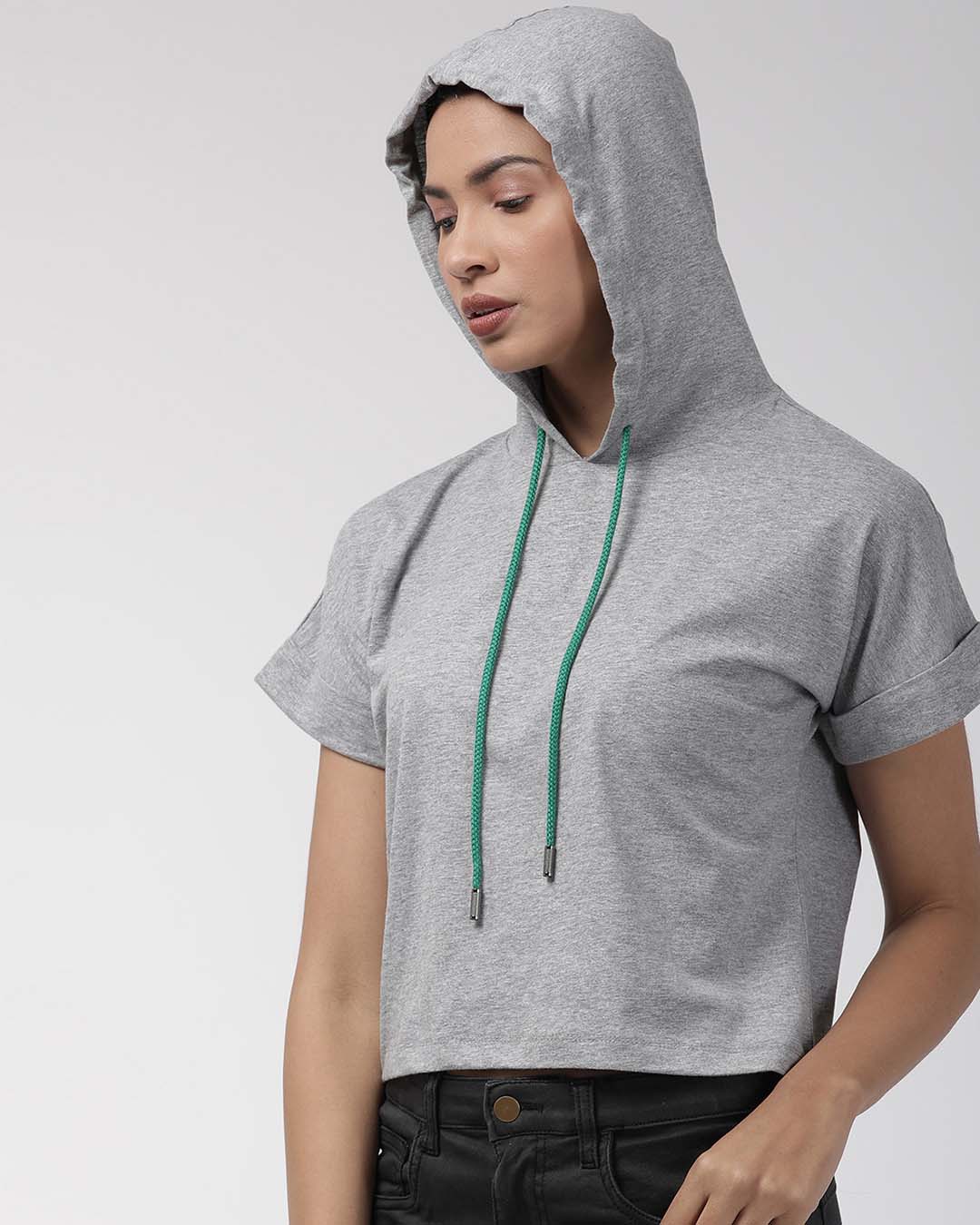 Shop Women's Grey Solid Hooded Sweatshirt-Back