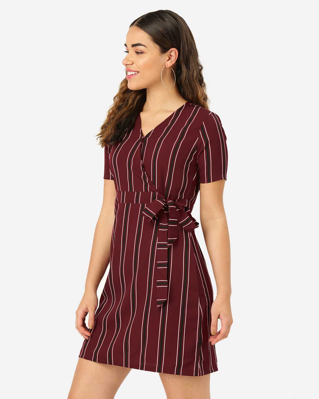 Shop Women Maroon & Black Striped Wrap Dress-Back