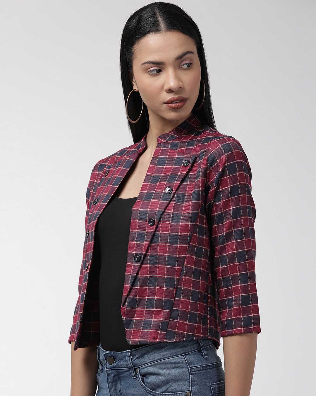 Shop Women's Maroon & Navy Blue Checked Lightweight Tailored Jacket-Back