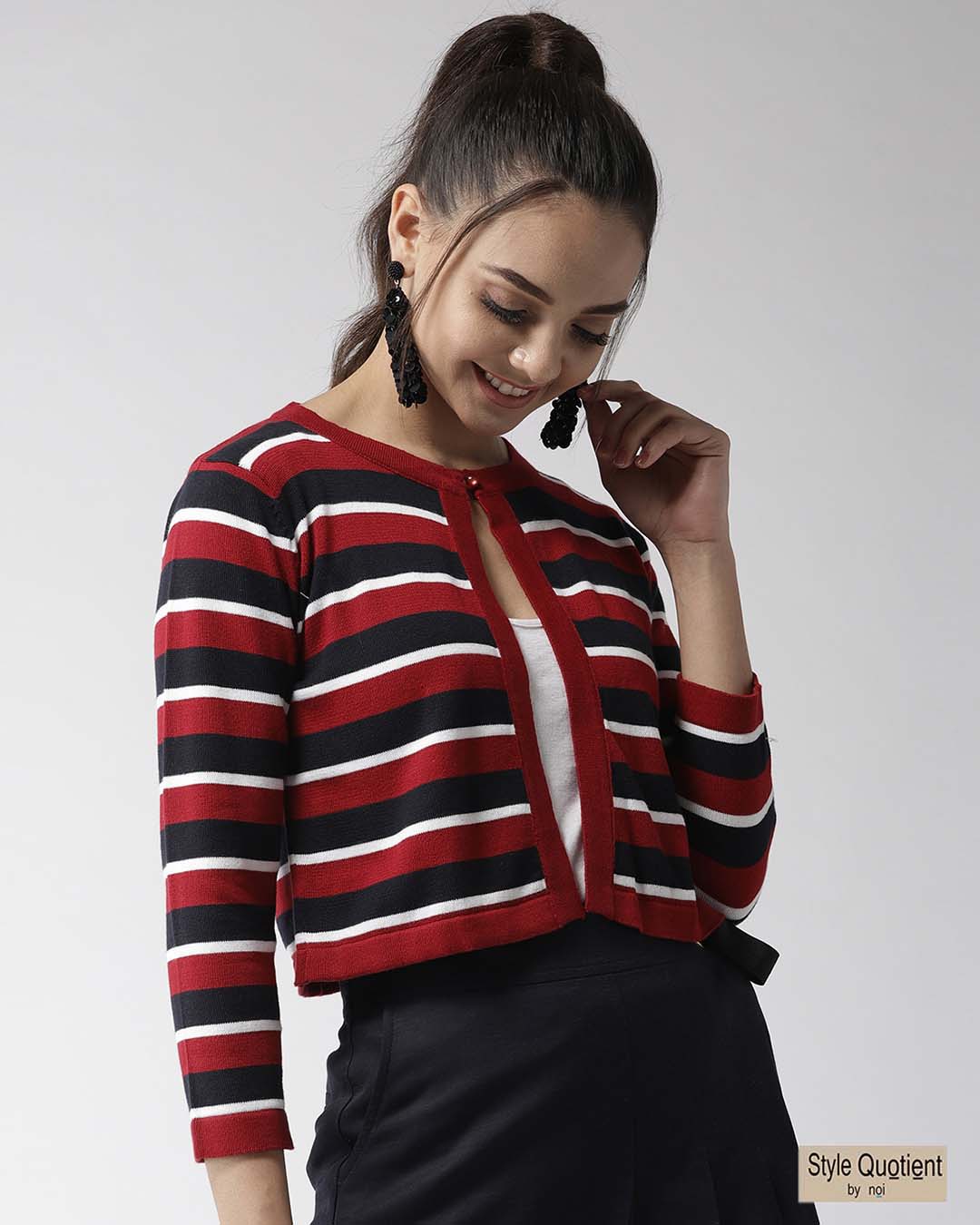 Women's Knitted Navy Blue Shrug with Button Detail