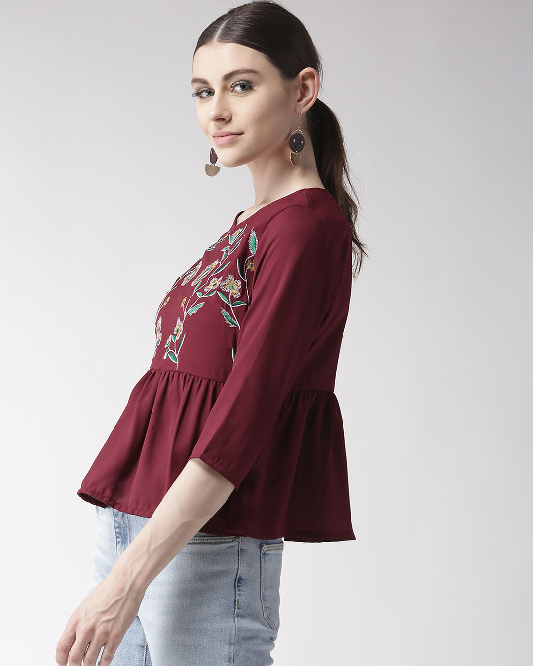 Shop Women's Maroon Embroidered A Line Top-Back