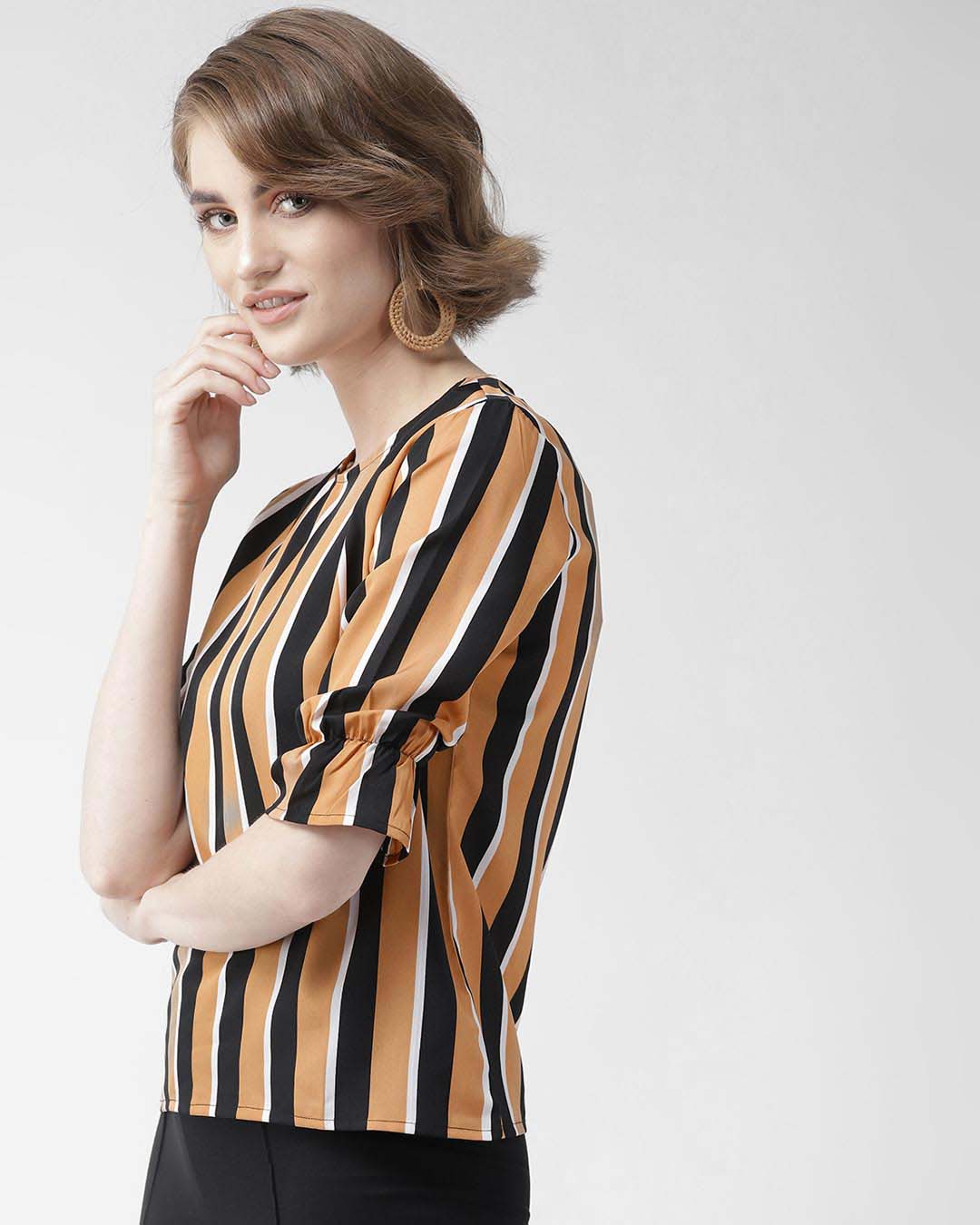 Shop Women's Mustard Brown & Black Striped Top-Back