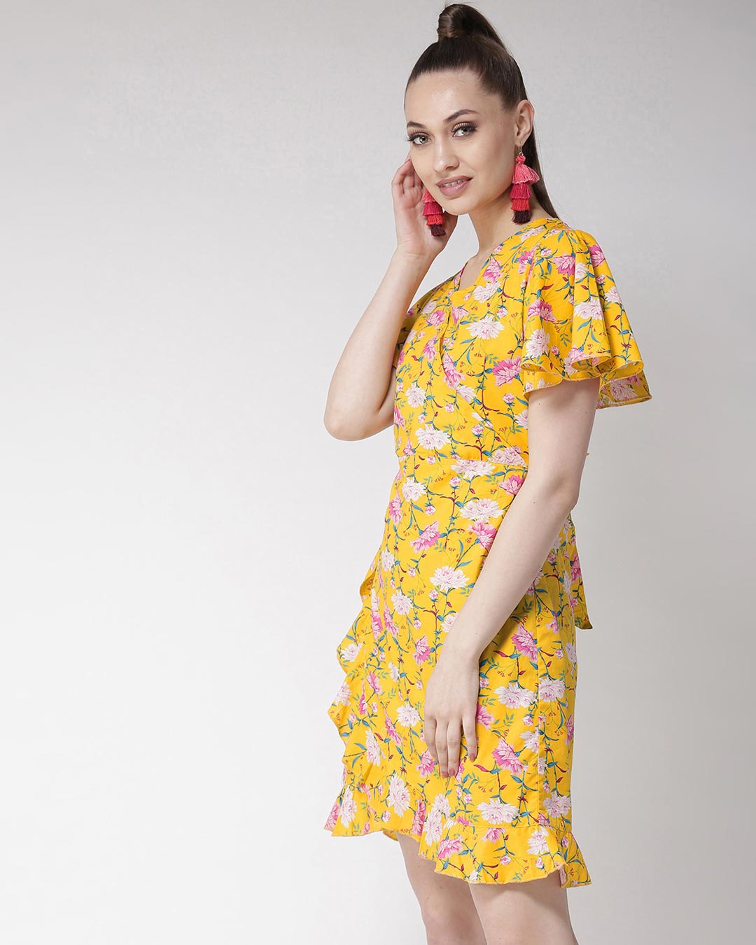 Shop Women's Mustard Yellow & Pink Printed Wrap Dress-Back