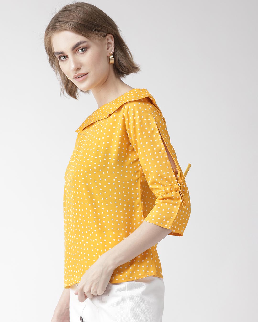 Shop Women Mustard Yellow & White Polk Dot Print Bardot Top-Back