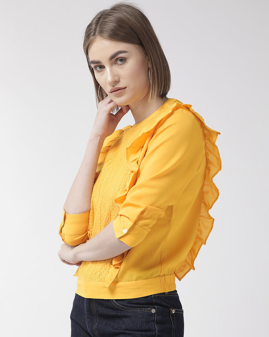 Shop Women Mustard Yellow Lace Detail Blouson Top-Back