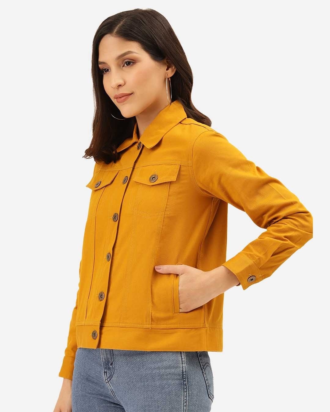 Shop Women Mustard Yellow Solid Denim Jacket-Back