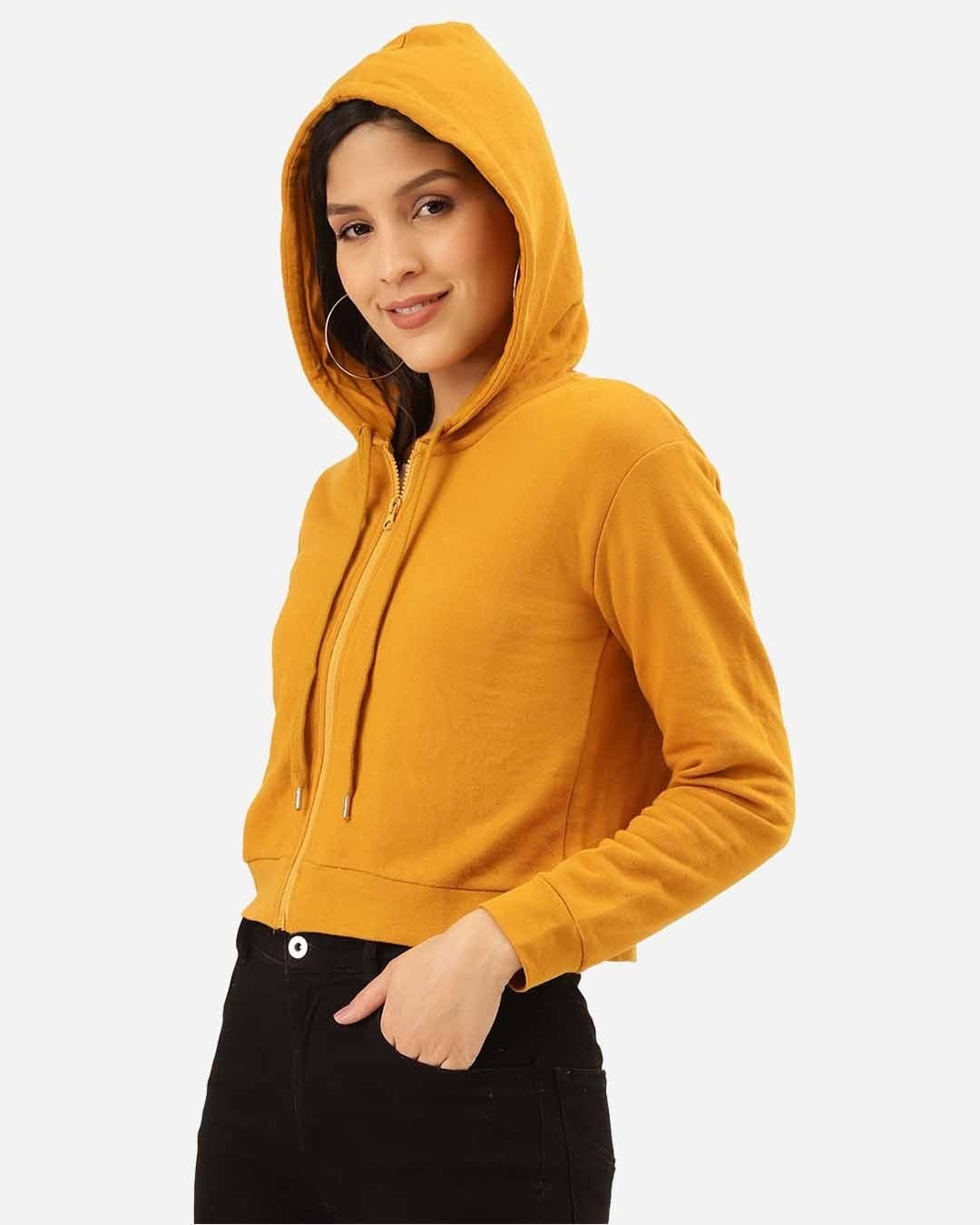 Shop Women's Mustard Yellow Solid Hooded Crop Sweatshirt-Back