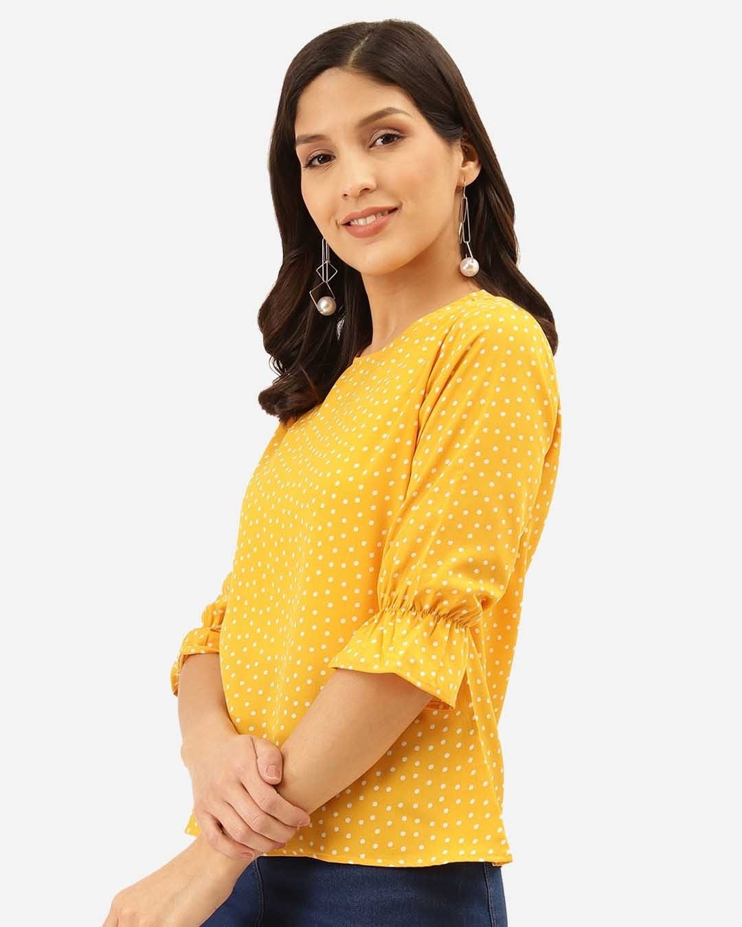Shop Women Mustard Yellow & White Polka Dot Print Regular Top-Back
