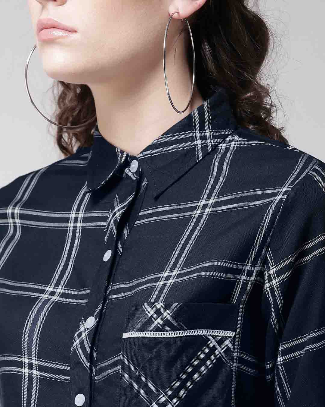 Shop Women Navy Blue & White Regular Fit Checked Casual Shirt-Back