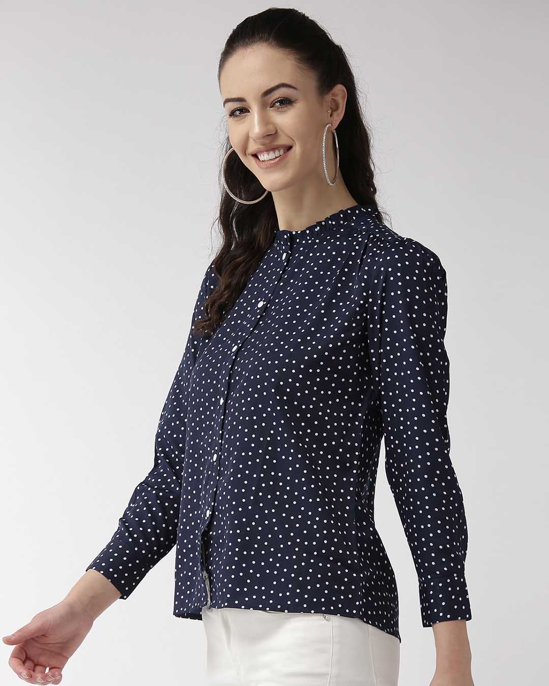 Shop Women Navy Blue & White Regular Fit Printed Casual Shirt-Back