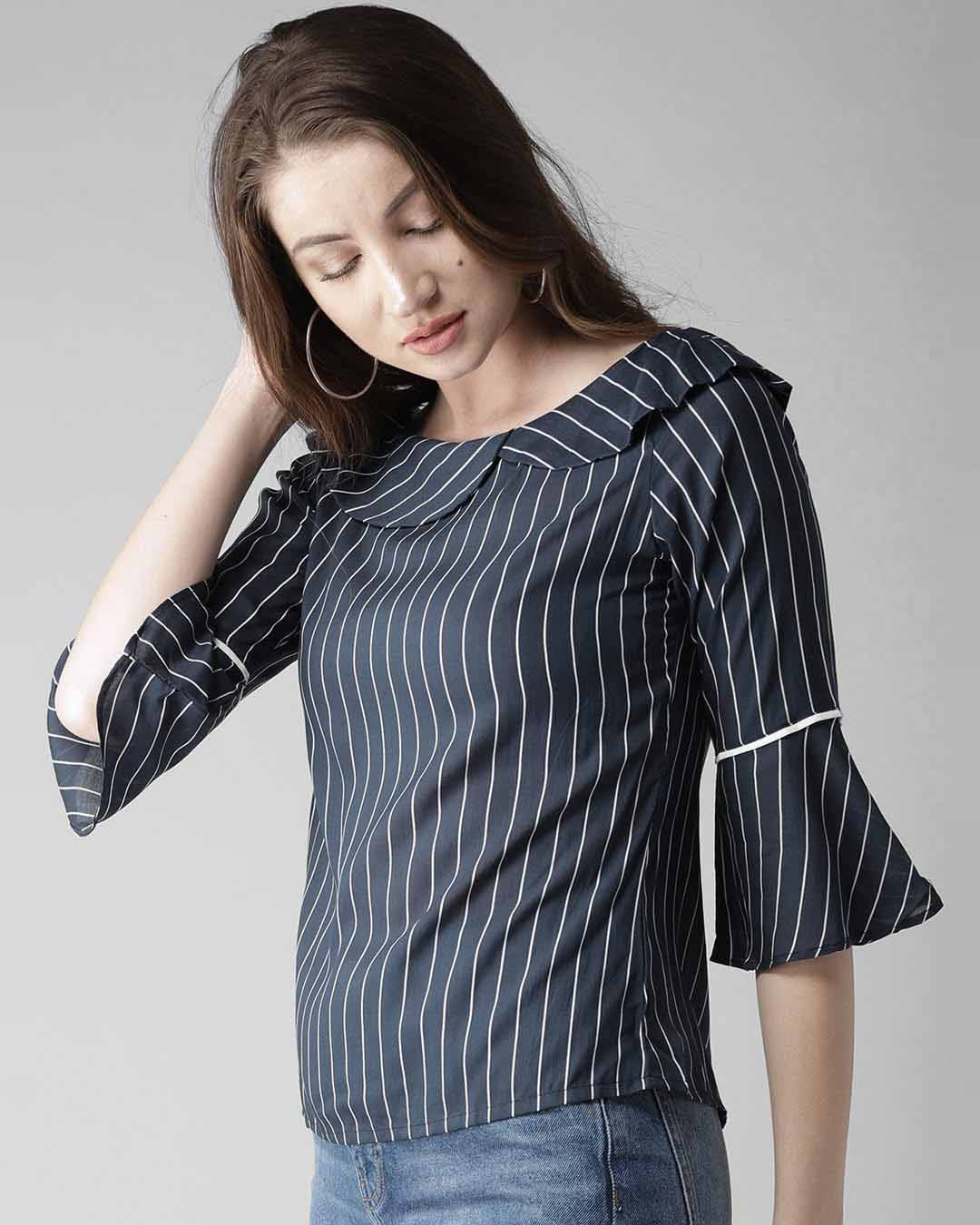 Shop Women's Navy Blue & White Striped Top-Back