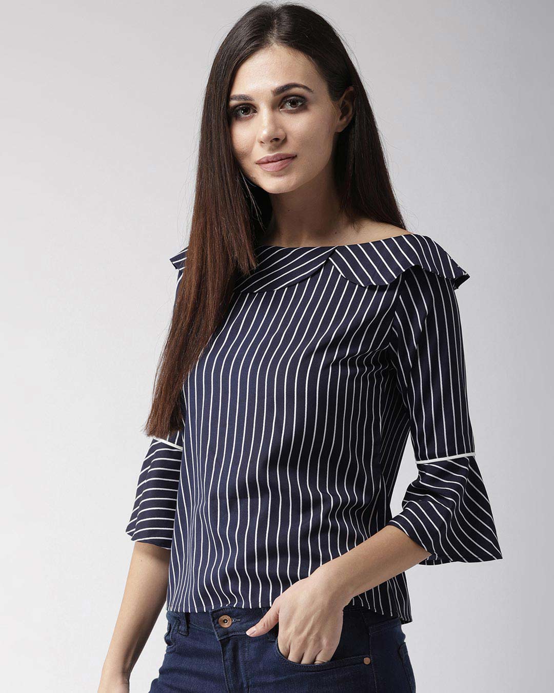 Shop Women's Navy Blue & White Striped Top-Back