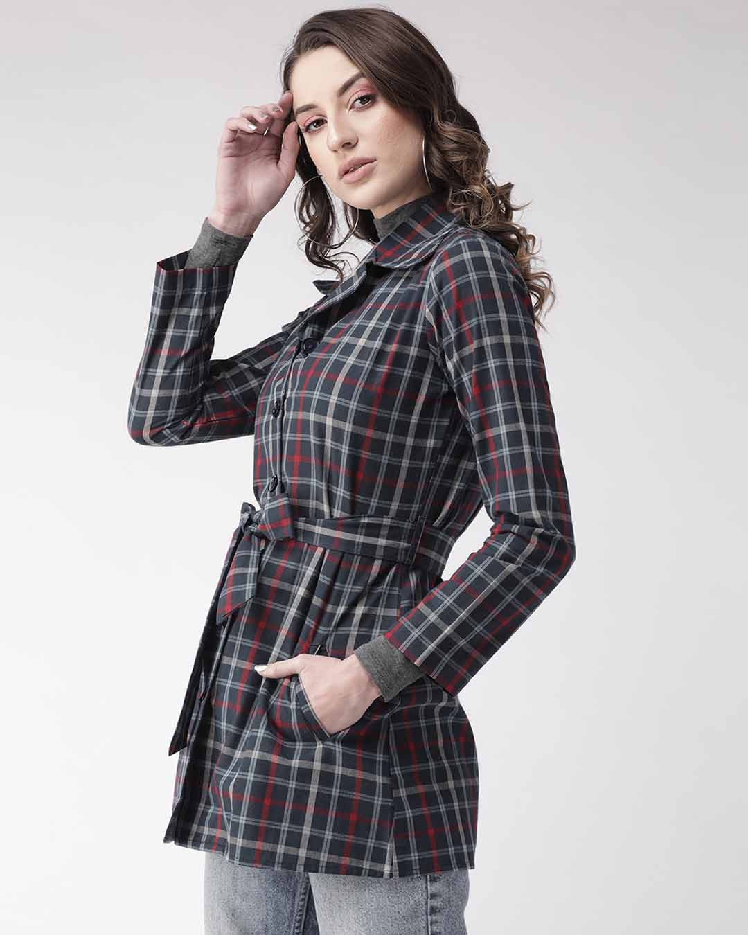 Shop Women's Navy Blue Checked Tailored Jacket-Back