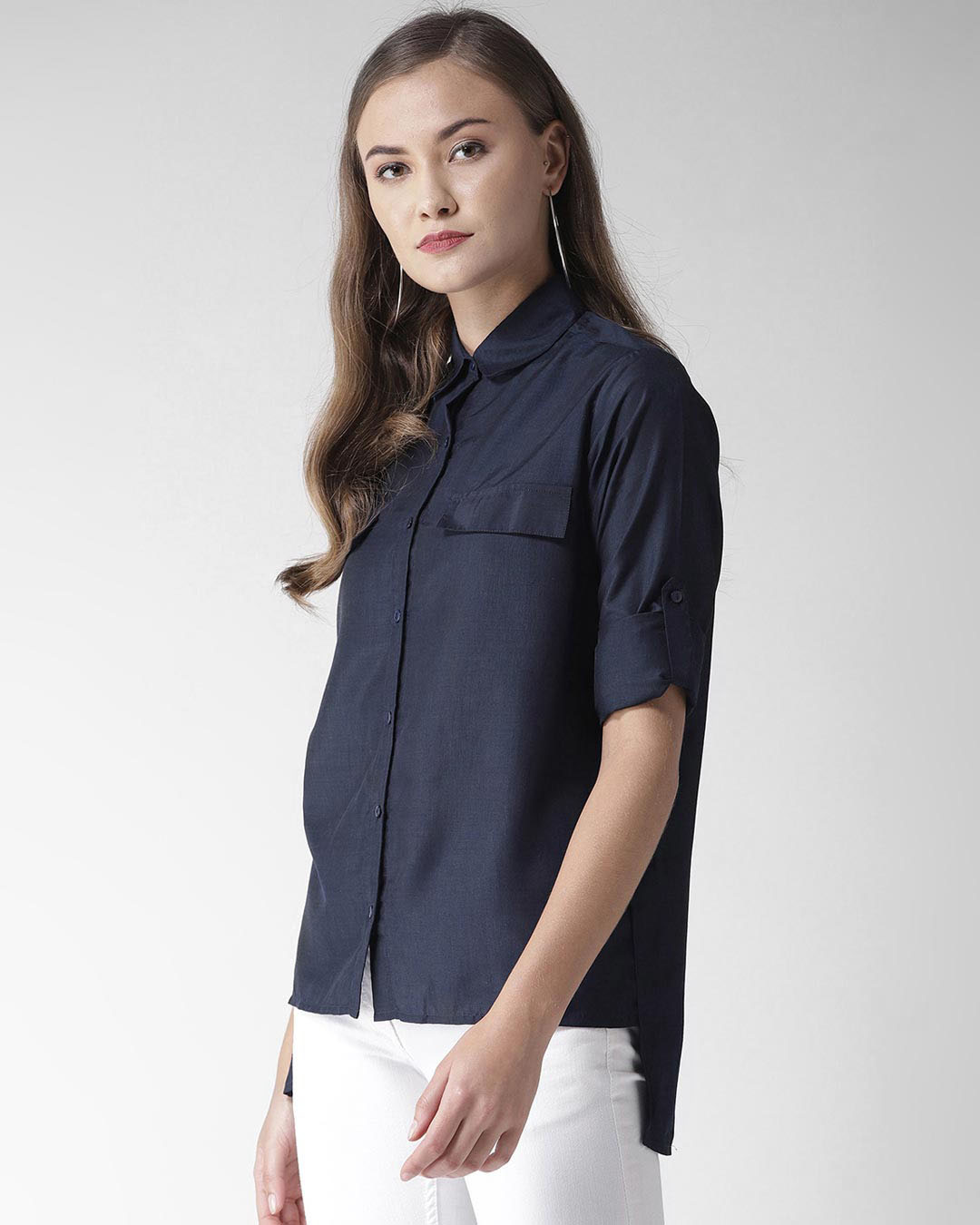 Shop Women Navy Blue Classic Fit Solid Casual Shirt-Back