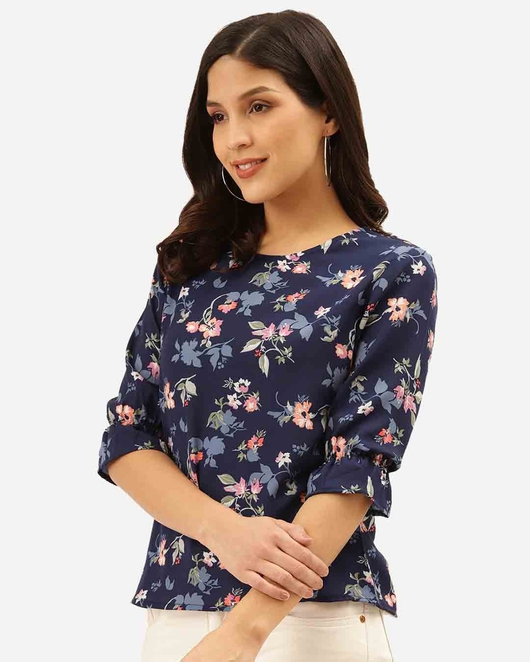 Shop Women Navy Blue & Pink Floral Print Regular Top-Back