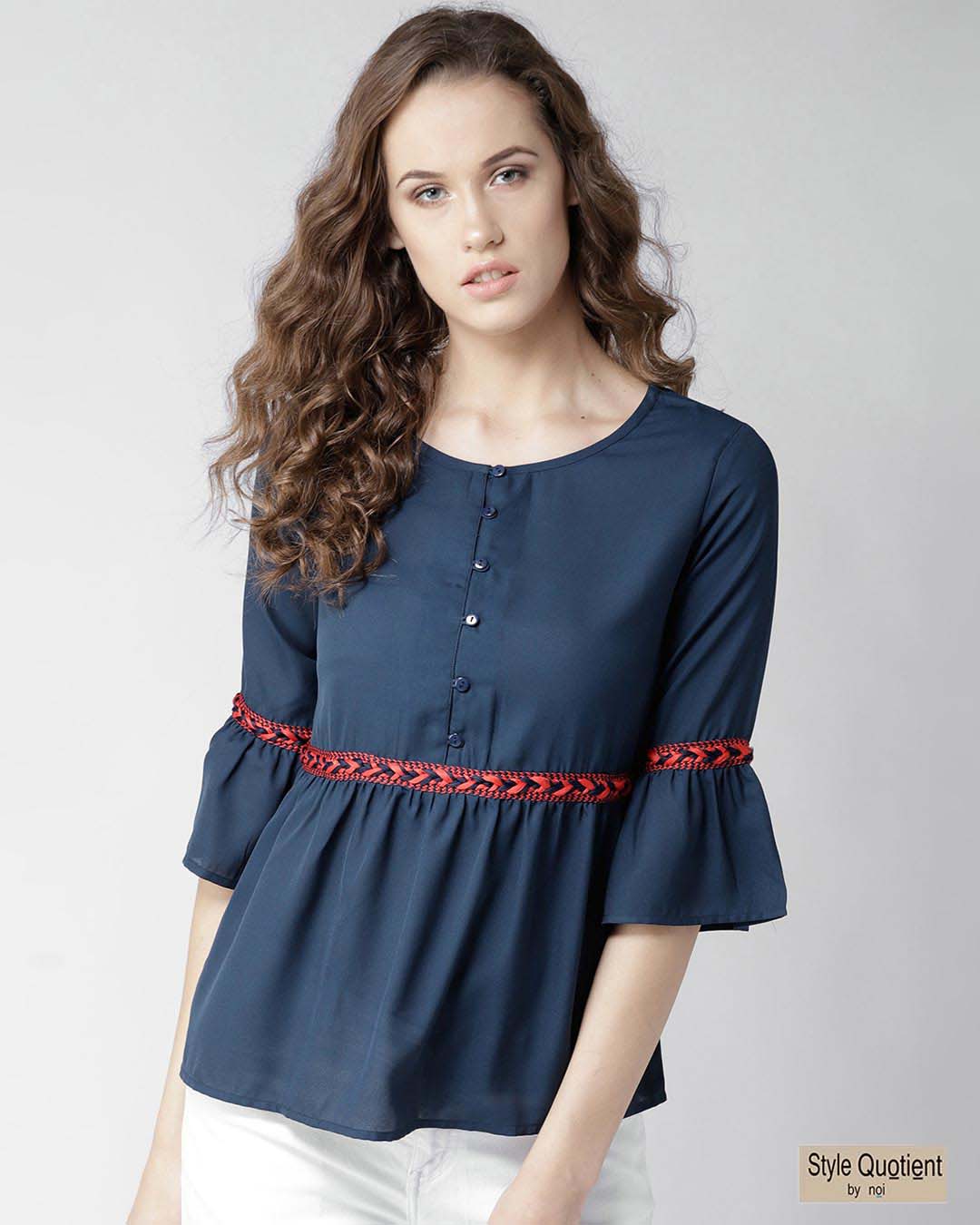 

Style Quotient Women Navy Blue Solid A-Line Top Style Quotient| Navy Blue And Red Solid Woven A-Line Top With Braided Detail Bewakoof.com