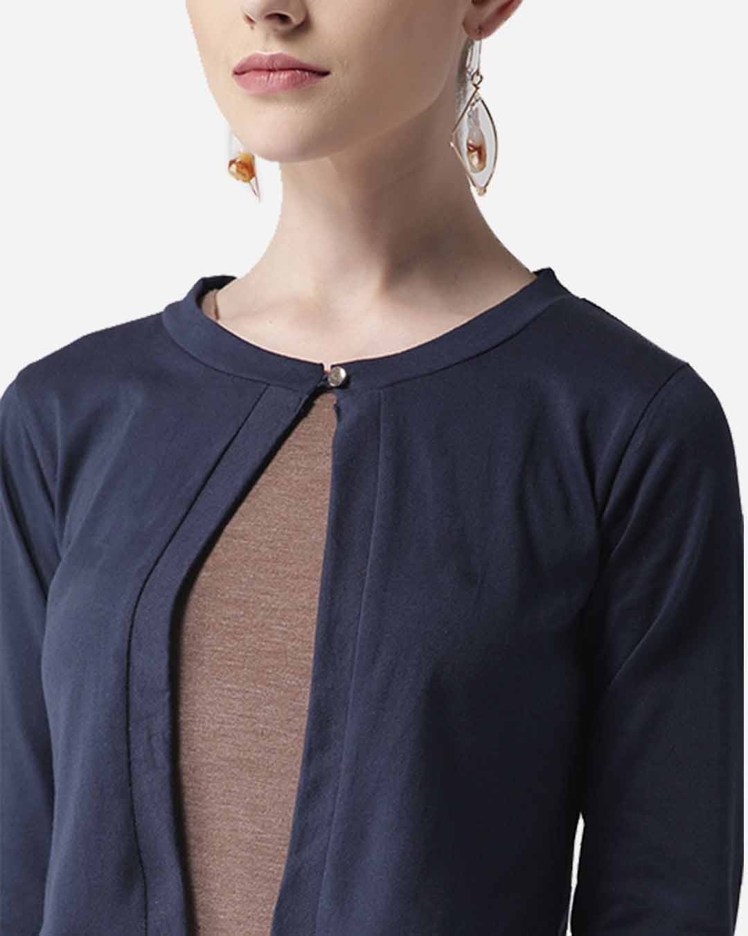 Shop Women's Navy Blue Solid Crop Button Shrug-Back