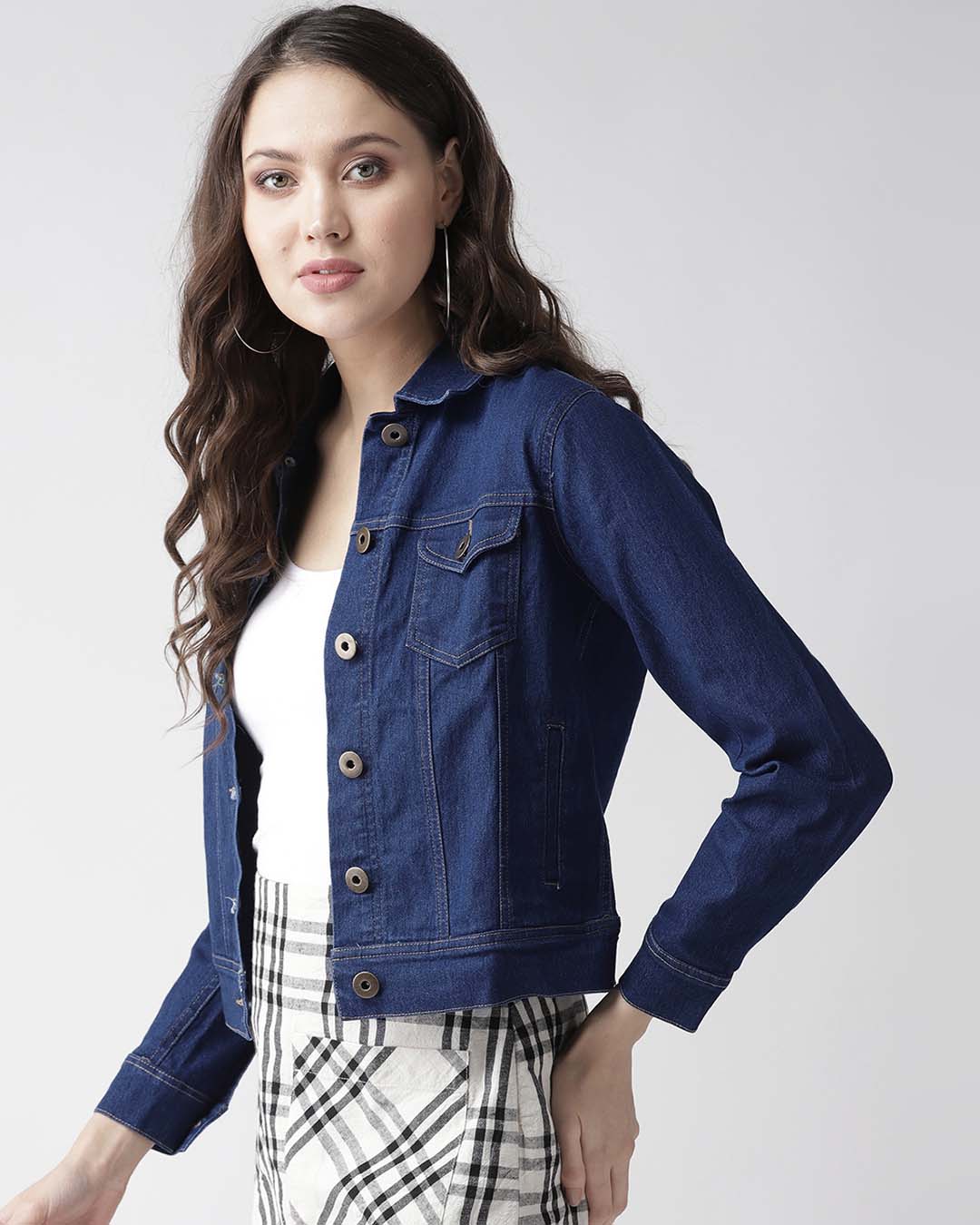 Shop Women's Navy Blue Solid Denim Jacket-Back
