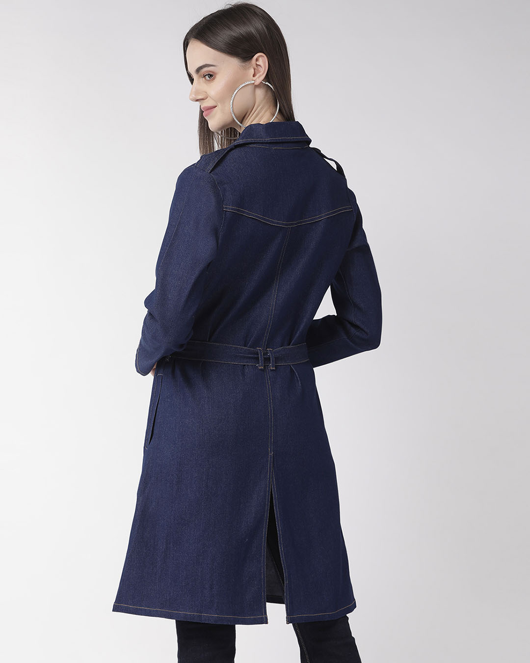Shop Women's Navy Blue Solid Denim Overcoat-Back