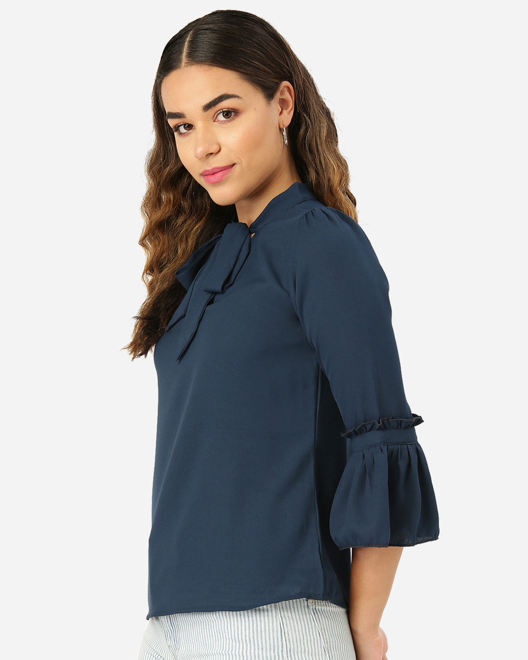 Shop Women Navy Blue Solid Top-Back