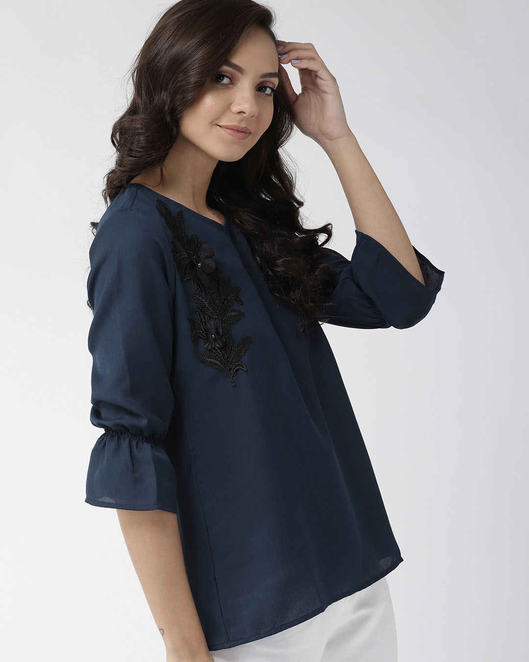 Shop Women Navy Blue Solid Top With Applique Detail-Back