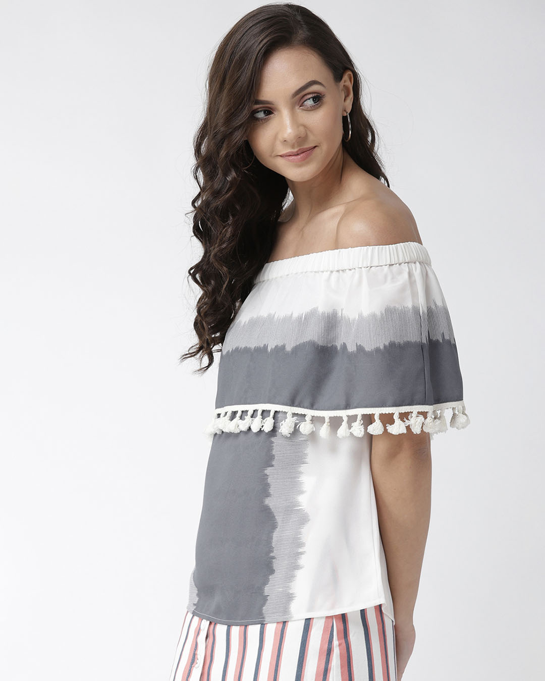 Shop Women's Off White & Grey Colourblocked Layered Bardot Top-Back