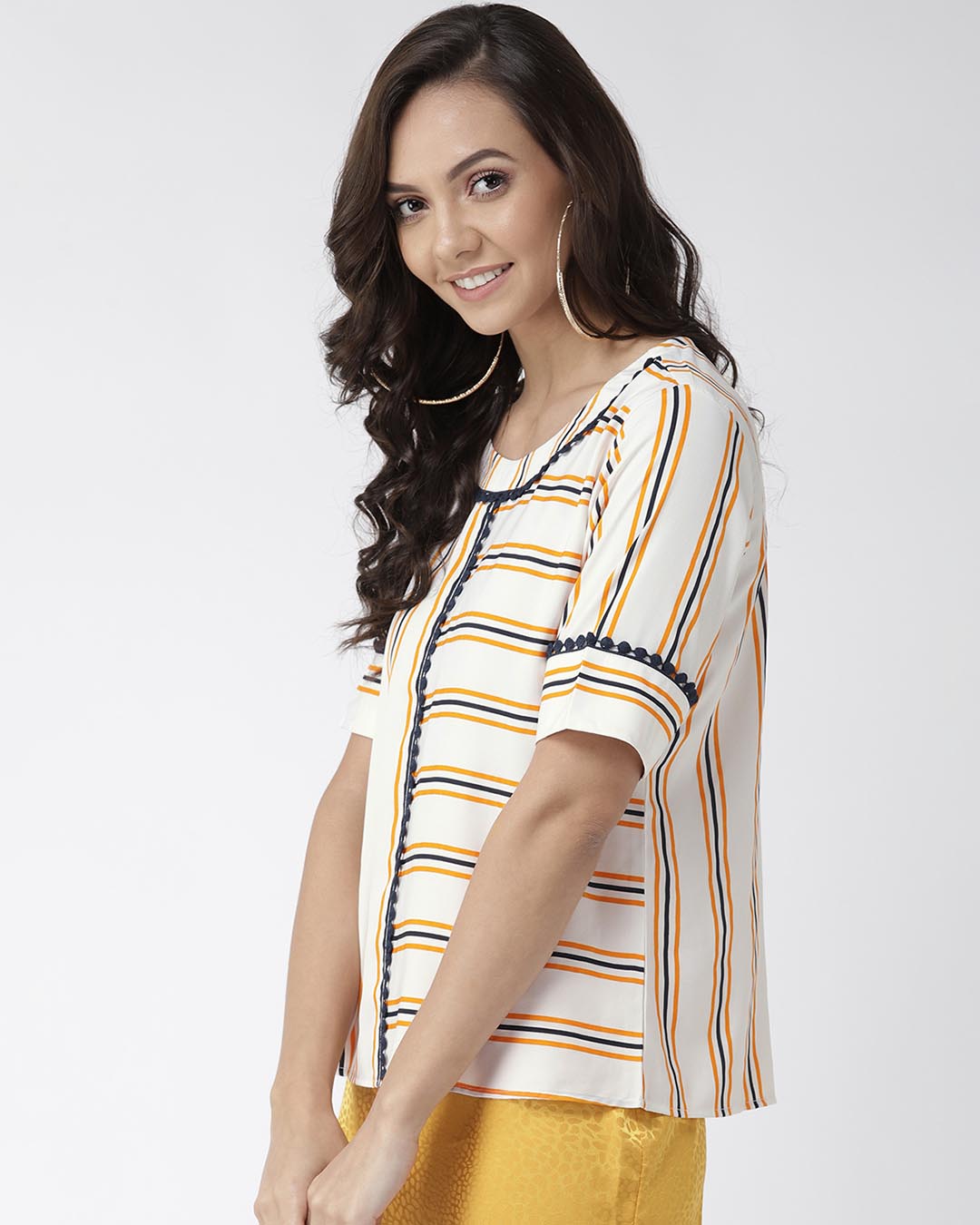 Shop Women's Off White & Navy Blue Striped Top-Back