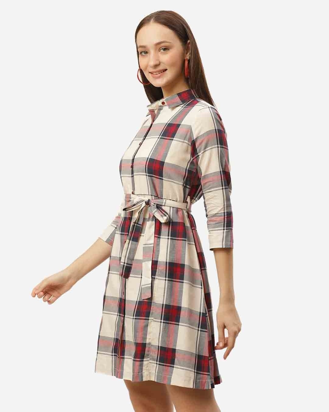 Shop Women Off White & Red Checked Shirt Dress-Back