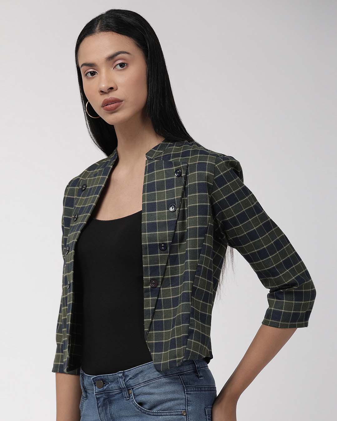 Shop Women's Olive Green & Navy Blue Checked Lightweight Tailored Jacket-Back