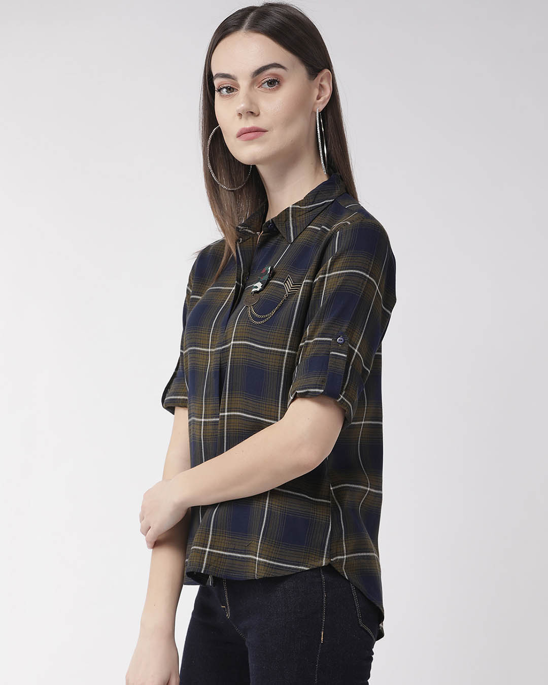 Shop Women Olive Green & Navy Blue Regular Fit Checked Casual Shirt-Back