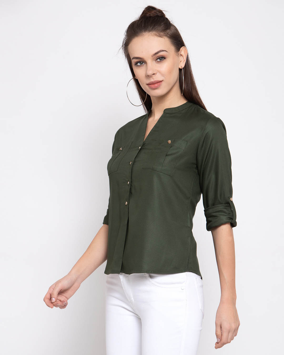 Shop Women's Olive Green Boxy Solid Casual Shirt-Back