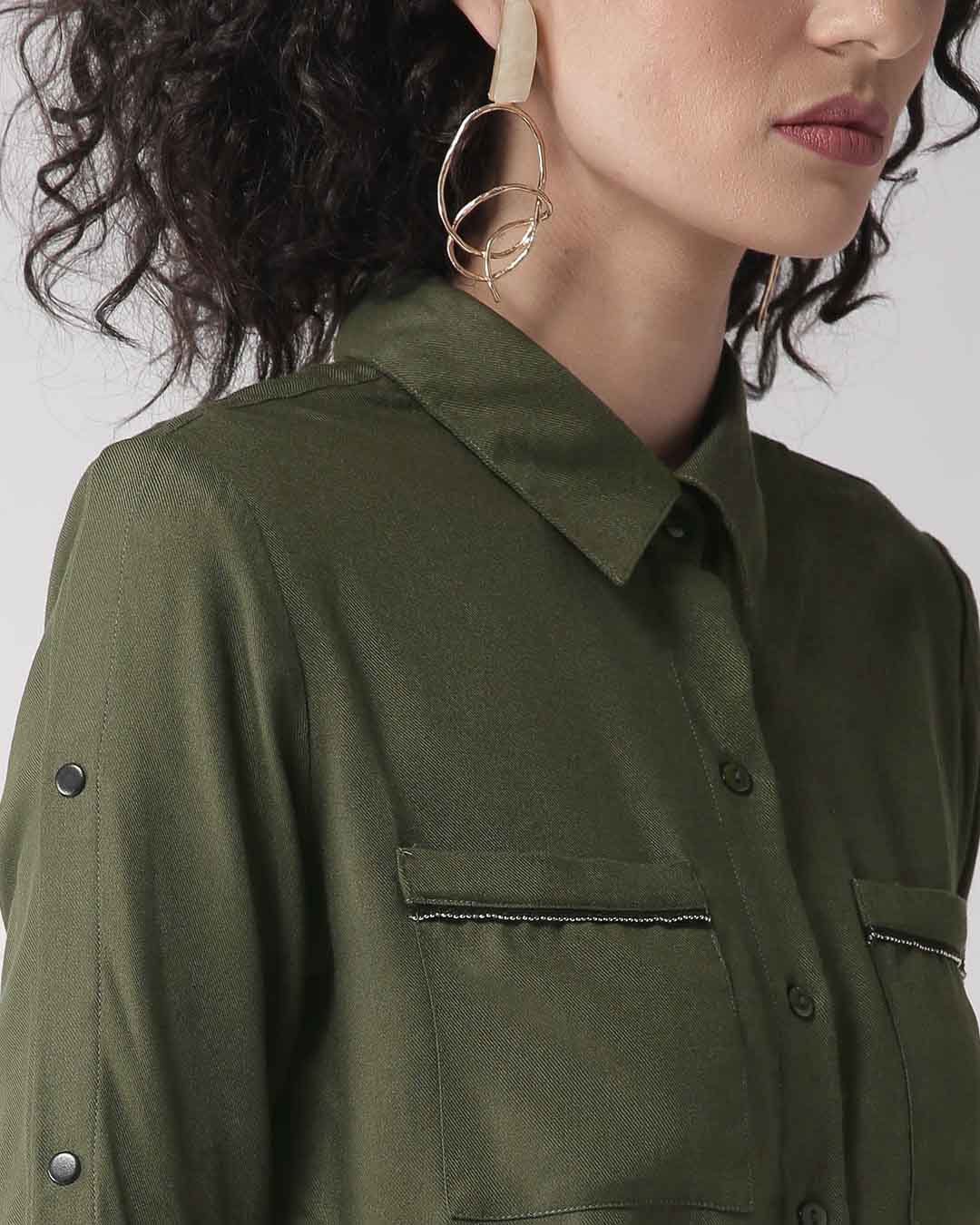 Shop Women Olive Green Regular Fit Solid Casual Shirt-Back