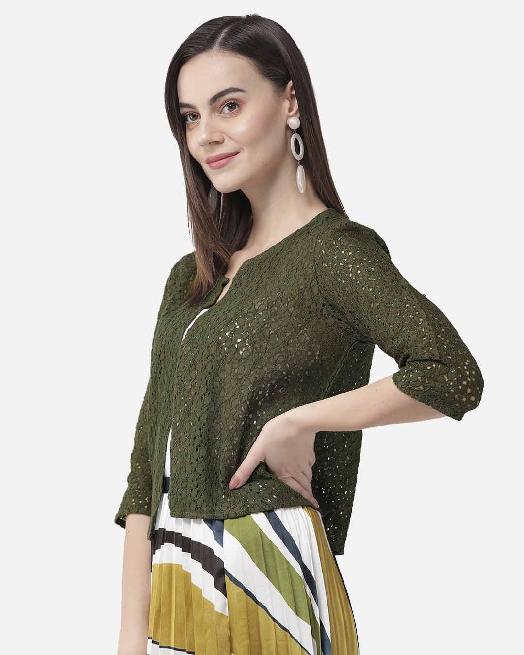 Shop Women's Olive Green Self Design Open Front Crop Shrug-Back