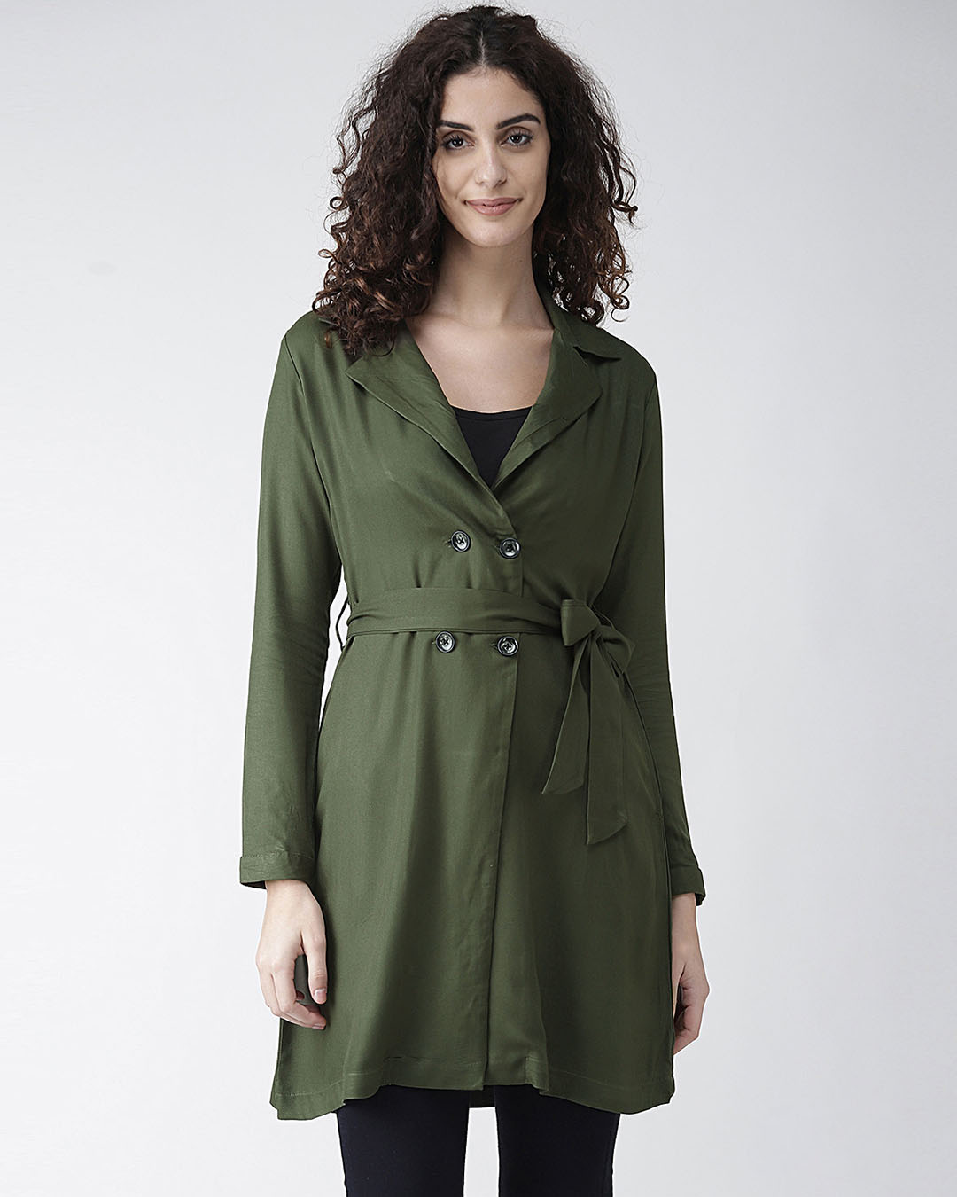 Buy Style Quotient Women's Olive Green Solid Double-Breasted Overcoat ...