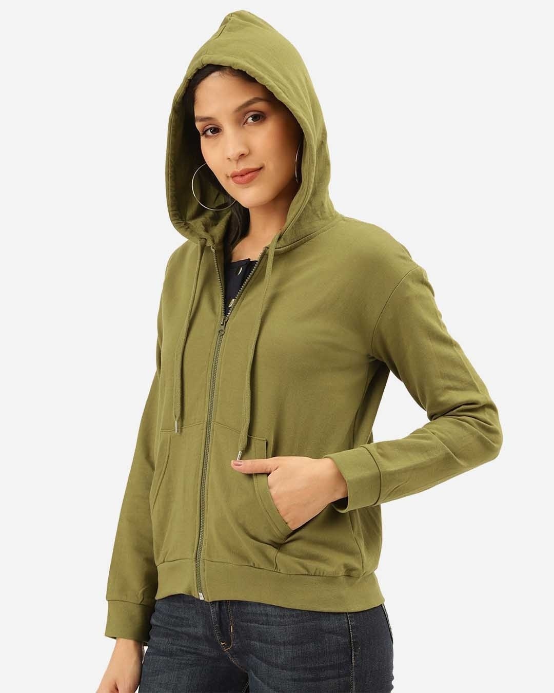 Shop Women's Olive Green Solid Hooded Sweatshirt-Back