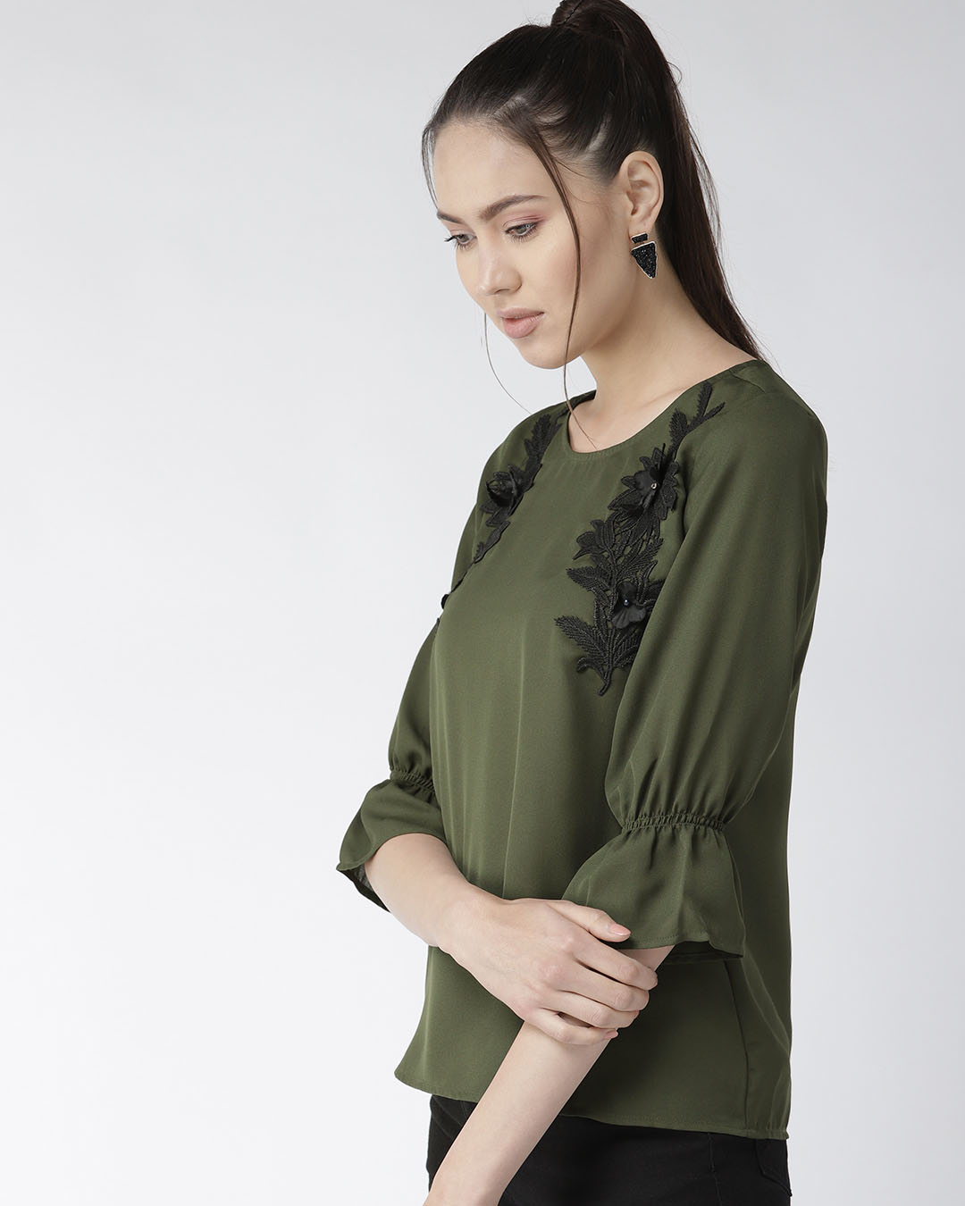 Shop Women Olive Green Solid Top With Applique Detail-Back
