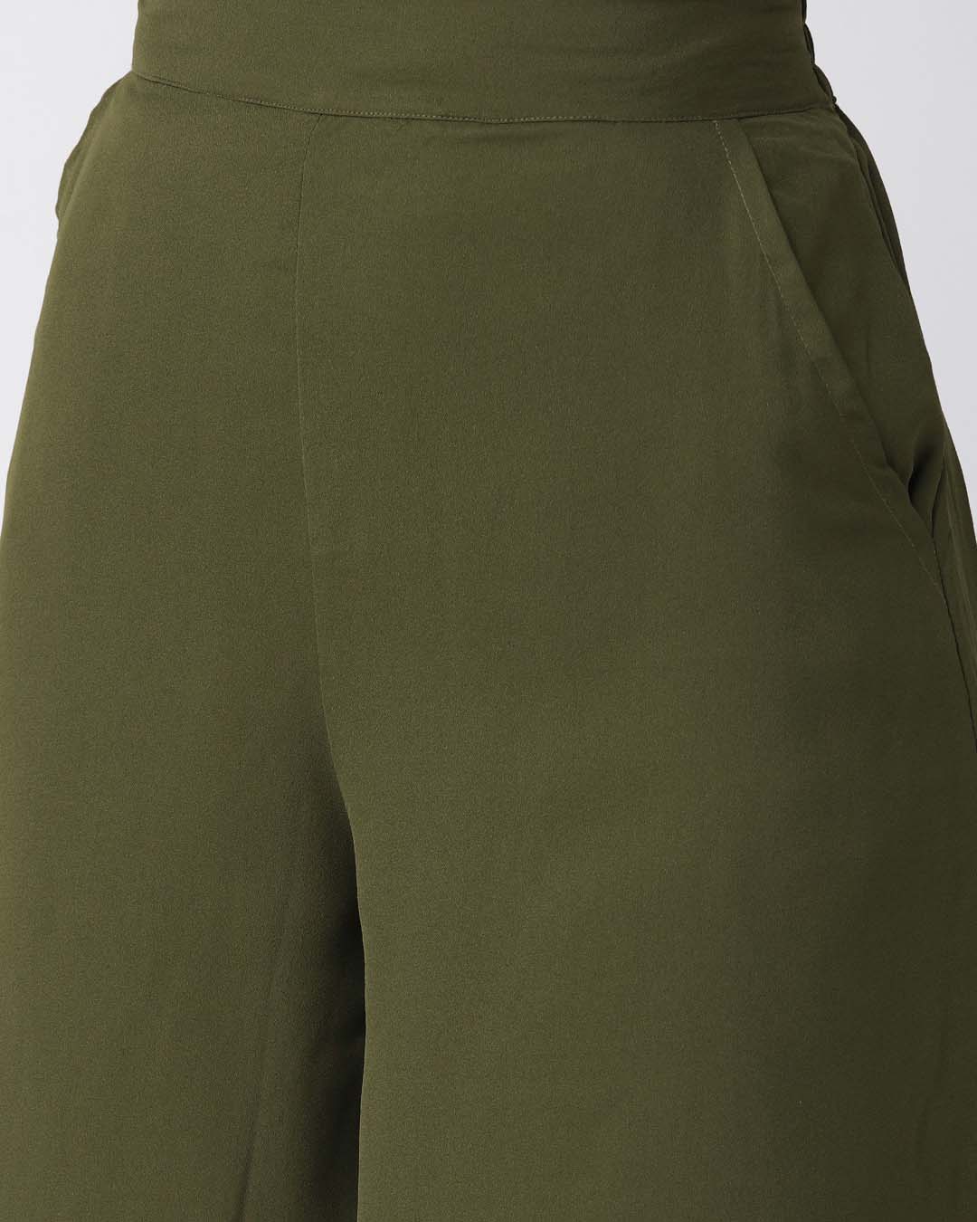 Shop Women Olive Green Wide Leg Solid Palazzos-Back