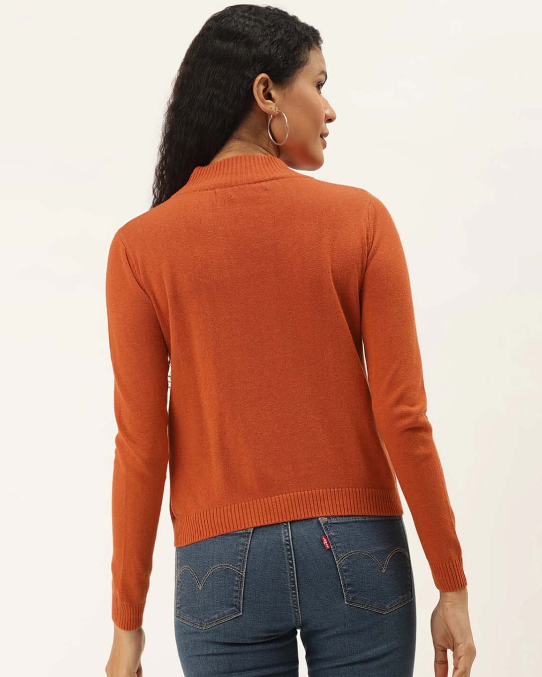 Shop Women Orange Solid Cotton Pullover Sweater-Back