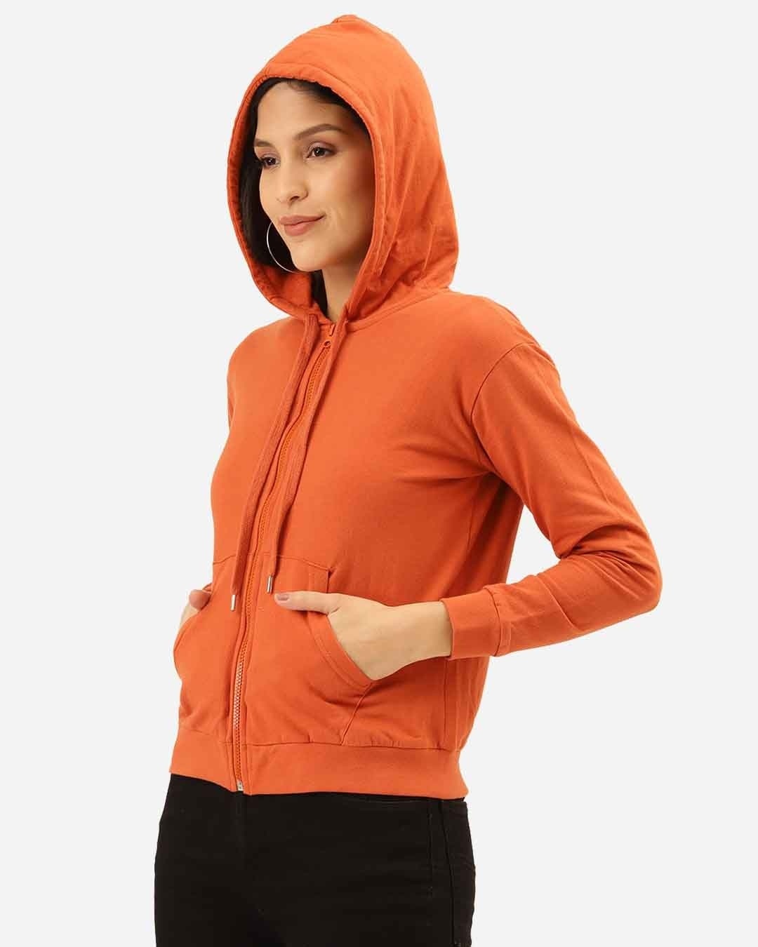 Shop Women Orange Solid Hooded Sweatshirt-Back