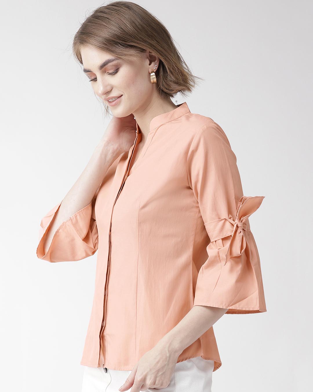 Shop Women Peach Coloured Classic Regular Fit Solid Casual Shirt-Back