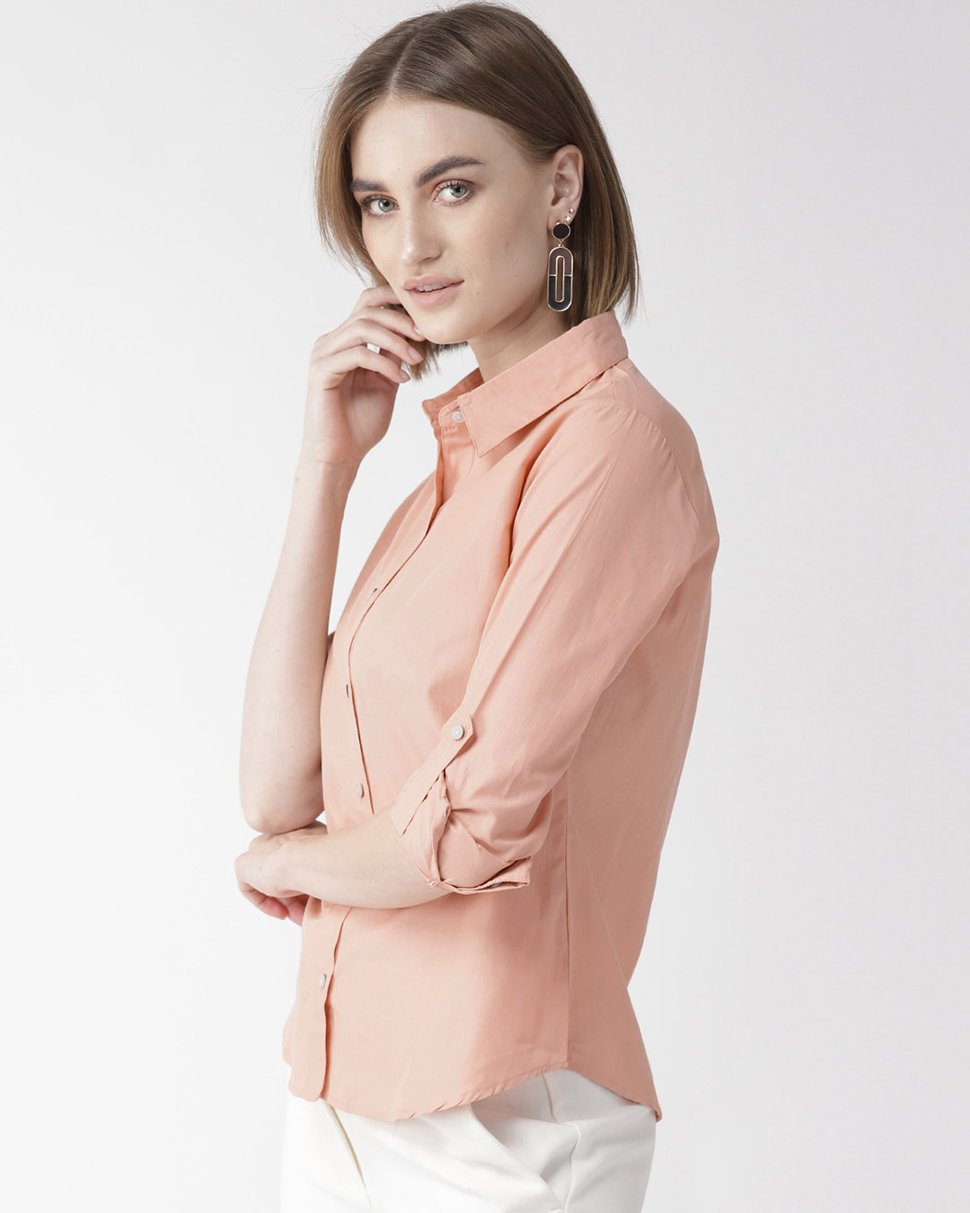 Shop Women Peach Coloured Classic Regular Solid Casual Shirt-Back