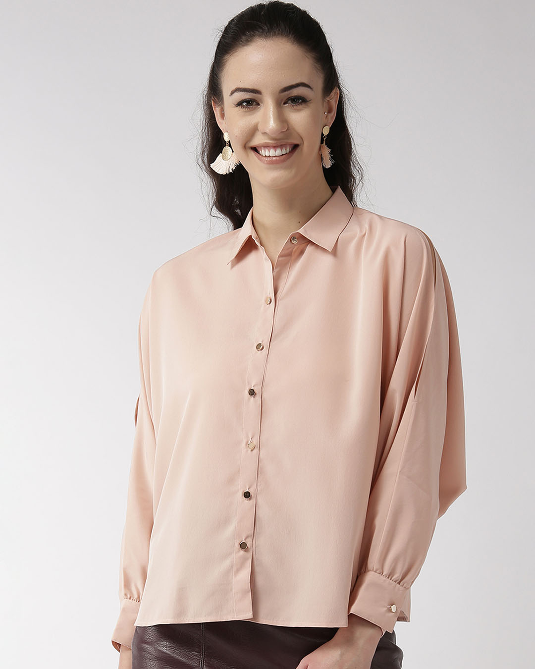 Shop Women's Peach Coloured Solid Contemporary Fit Casual Shirt-Back
