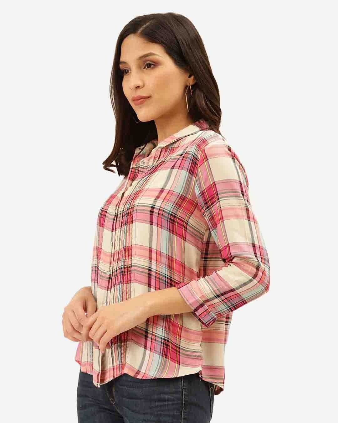 Shop Women Pink & Off White Checked Casual Shirt-Back