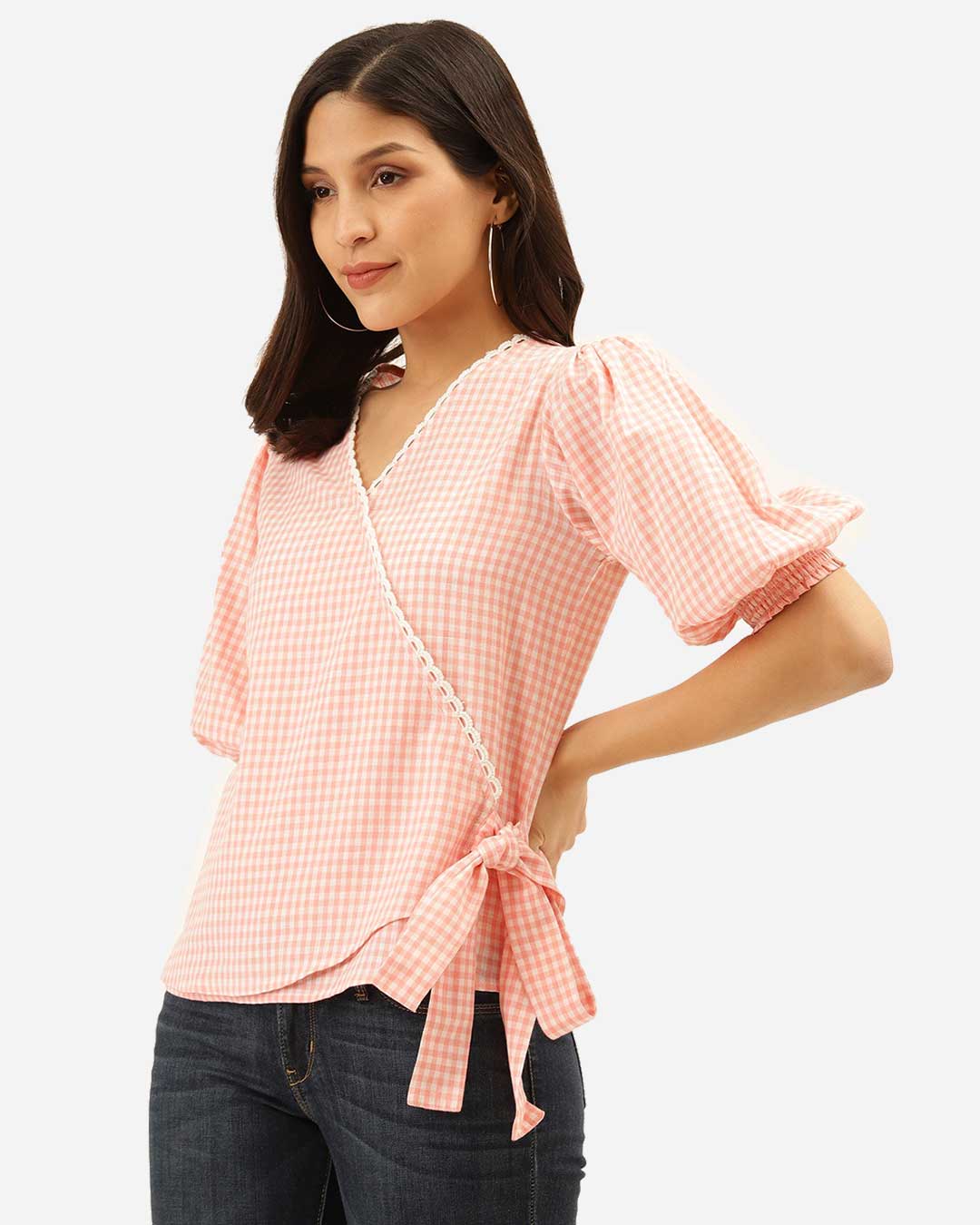 Shop Women Pink & White Checked Wrap Top-Back